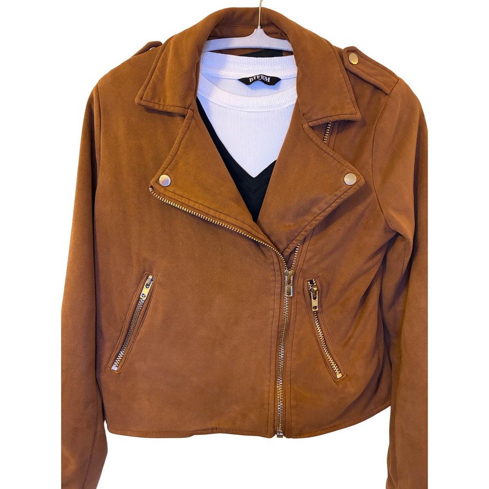 Blu Pepper Vintage Faux Suede Moto Jacket Brown Cognac Biker Small